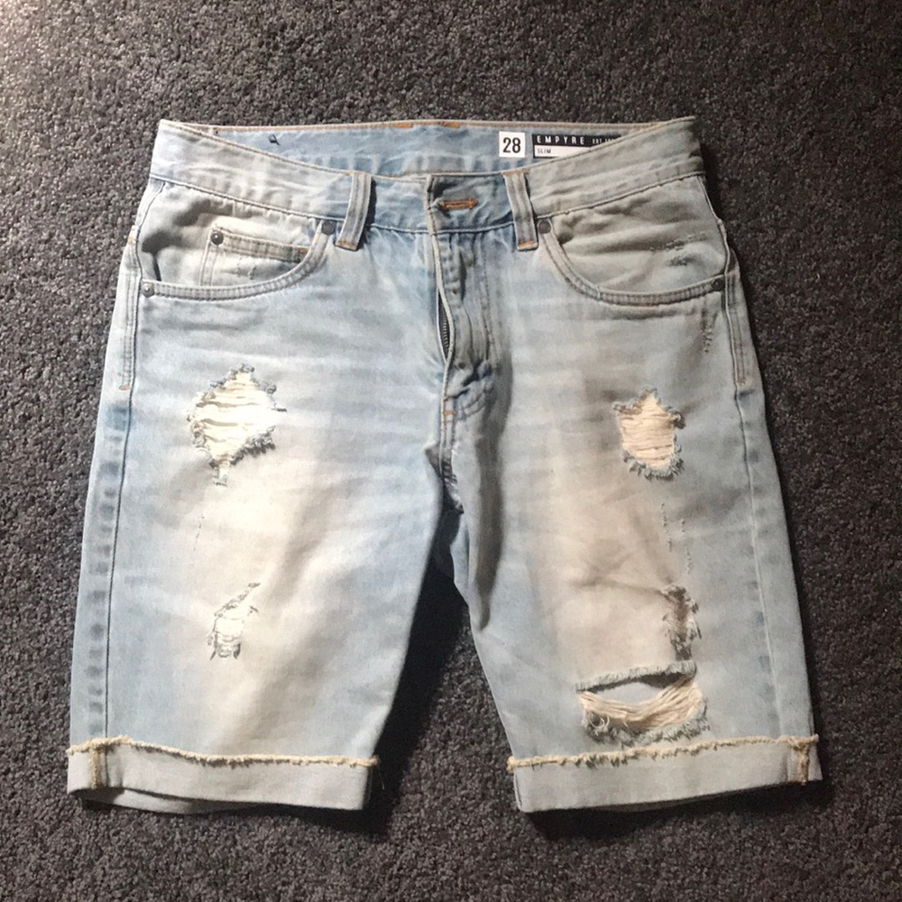 Distressed denim shorts